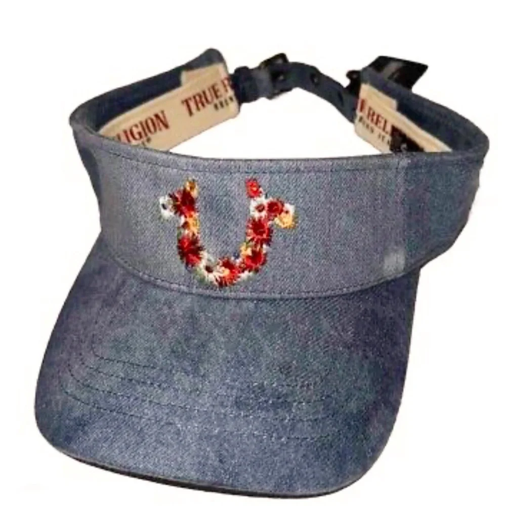 True Religion Floral Logo blue Denim Adjustable‎ Sun Visor Hat new